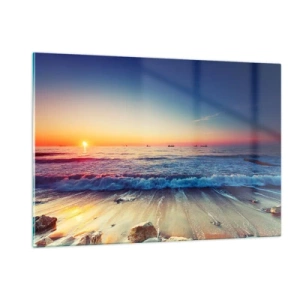 Glasbild - Bild auf glas - Sonnenuntergang über dem Strand mit sanften Wellen und ruhigem Meer - 120x80cm - Was ist mit dem Horizont? - Moderne Wanddekoration für Wohnzimmer und Schlafzimmer ARTTOR