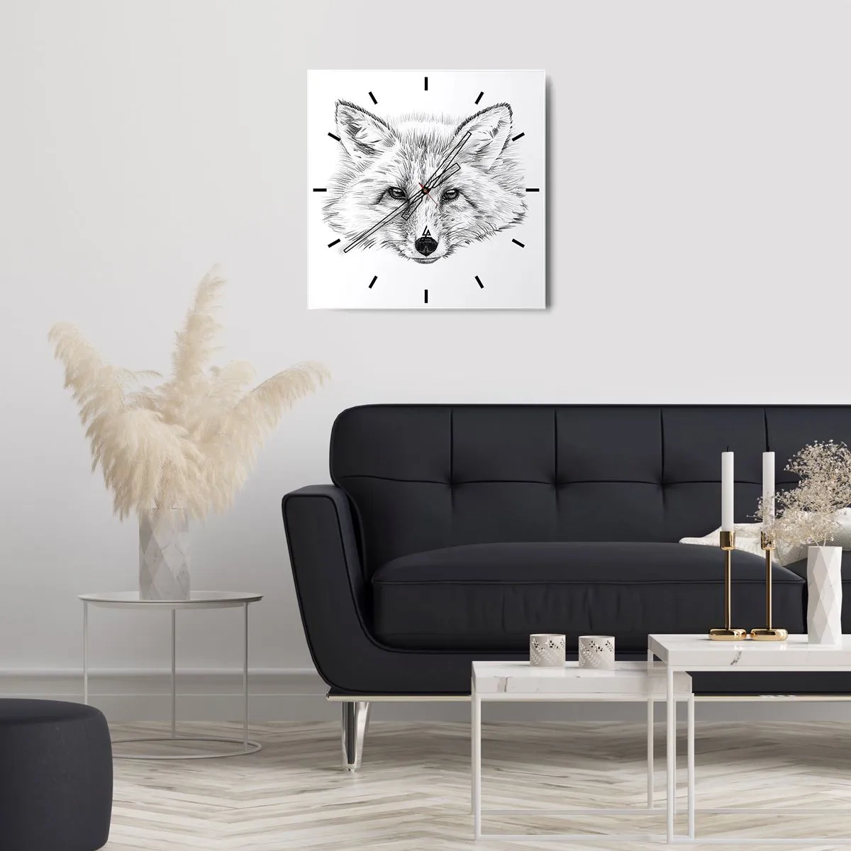 Wanduhr - Glasuhr - Schwarz-weiße Zeichnung eines Fuchskopfes auf weißem Hintergrund - 30x30cm - Können diese Augen lügen? - Moderne Wanddekoration für Wohnzimmer und Schlafzimmer ARTTOR