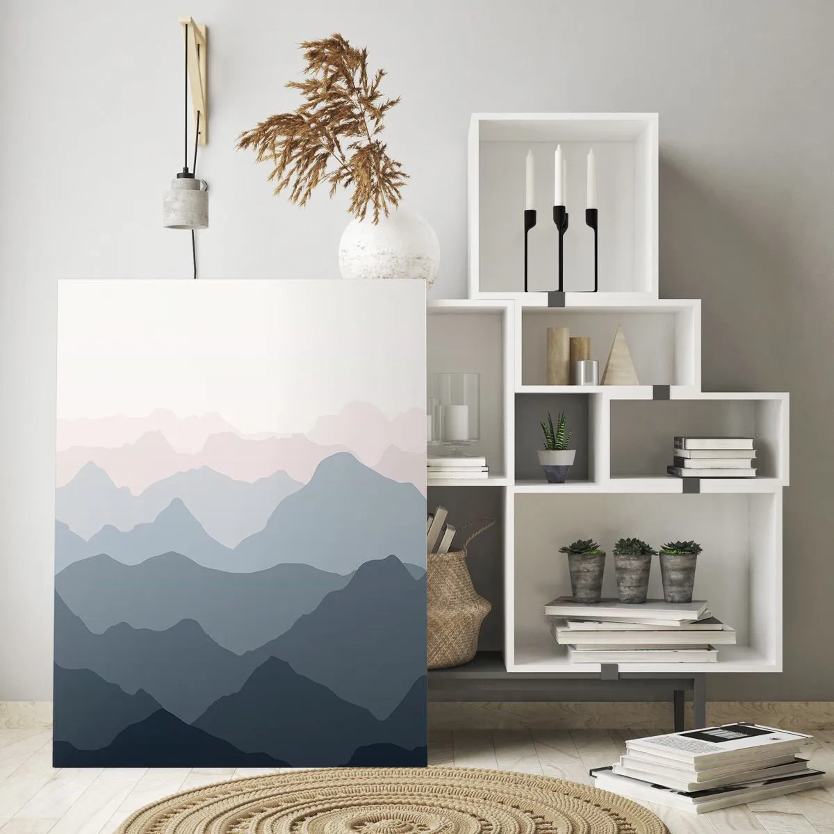 Glasbild - Bild auf glas - Dezente Bergschichten in Grau- und Blautönen - 70x100cm - Wellen der Berge - Moderne Wanddekoration für Wohnzimmer und Schlafzimmer ARTTOR