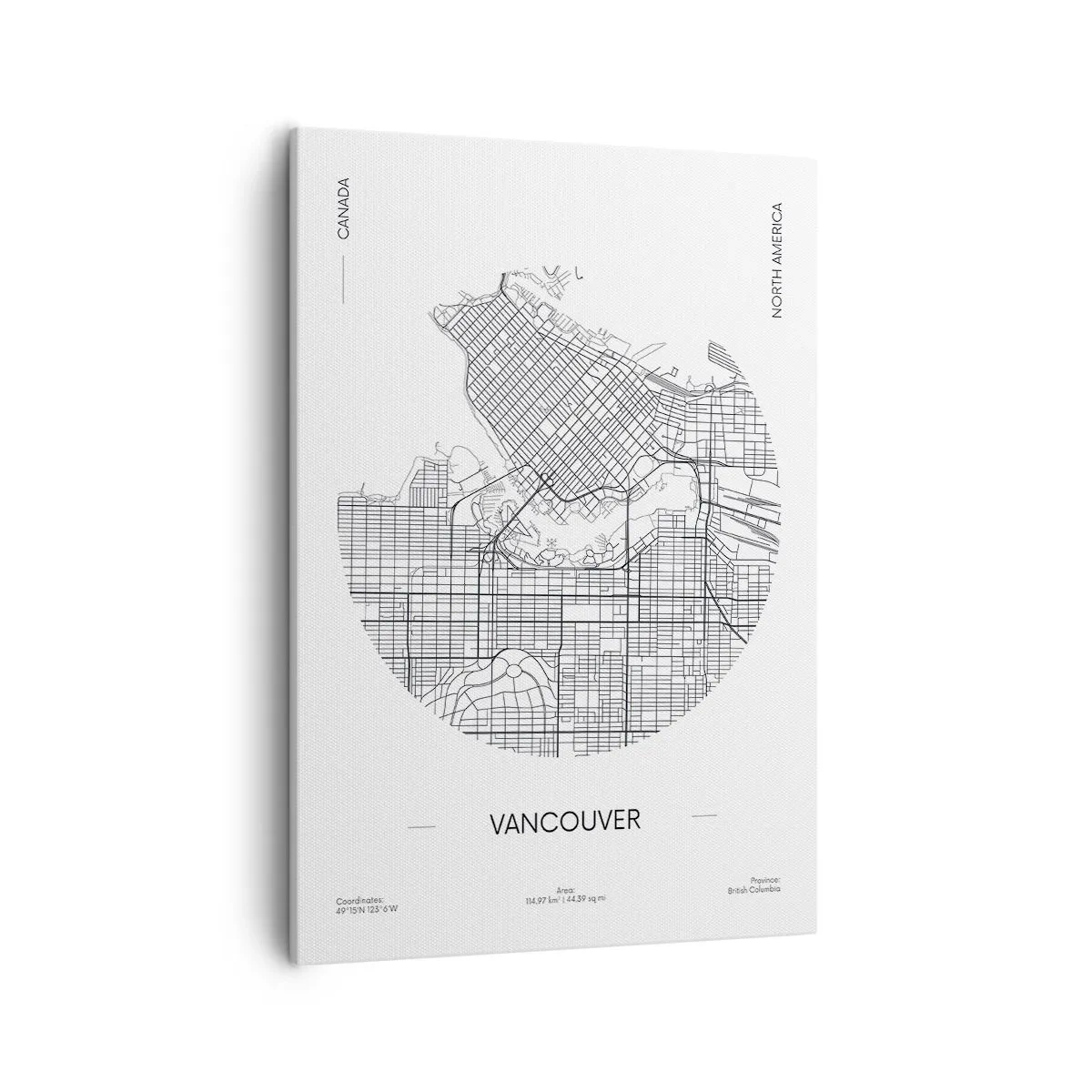 Bild auf Leinwand - Leinwandbild - Eine Karte von Vancouver im minimalistischen Schwarz-Weiß-Stil - 50x70cm - Anatomie von Vacouver - Moderne Wanddekoration für Wohnzimmer und Schlafzimmer ARTTOR