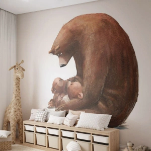Fototapete Premium Sand - Illustration eines Bären, der ein Kind und einen Teddybär umarmt - 100x70cm - Süße Träume, Kinder - Moderne Wanddekoration für Wohnzimmer und Schlafzimmer ARTTOR