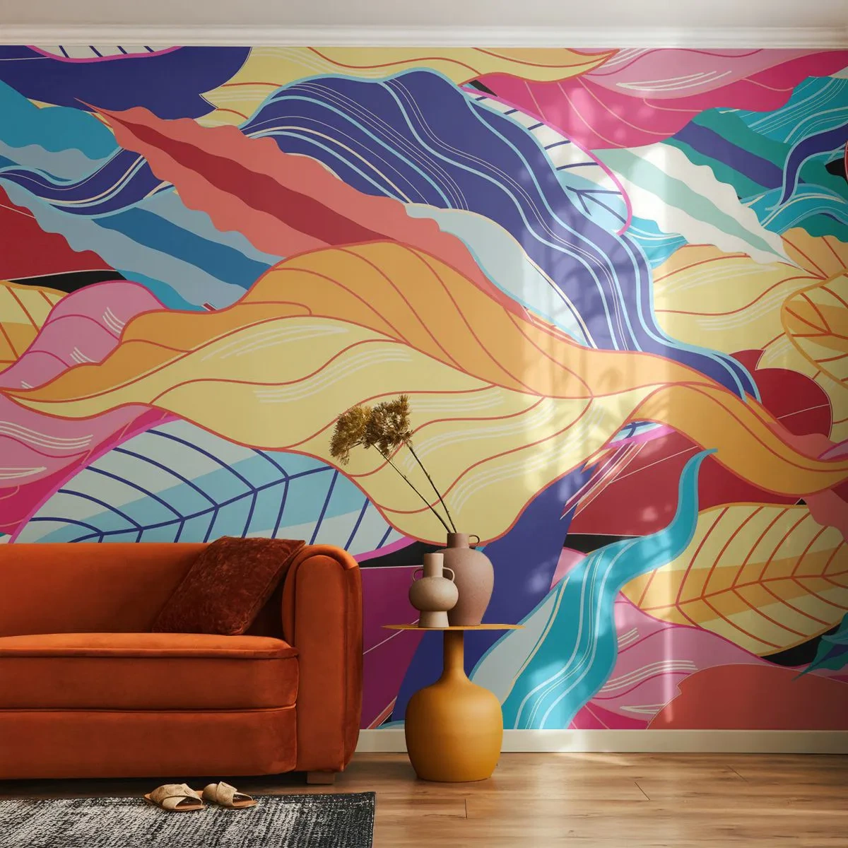Fototapete Premium Canvas - Buntes Durcheinander - Abstraktion, Bunte Blätter, Stück - 350x256 cm