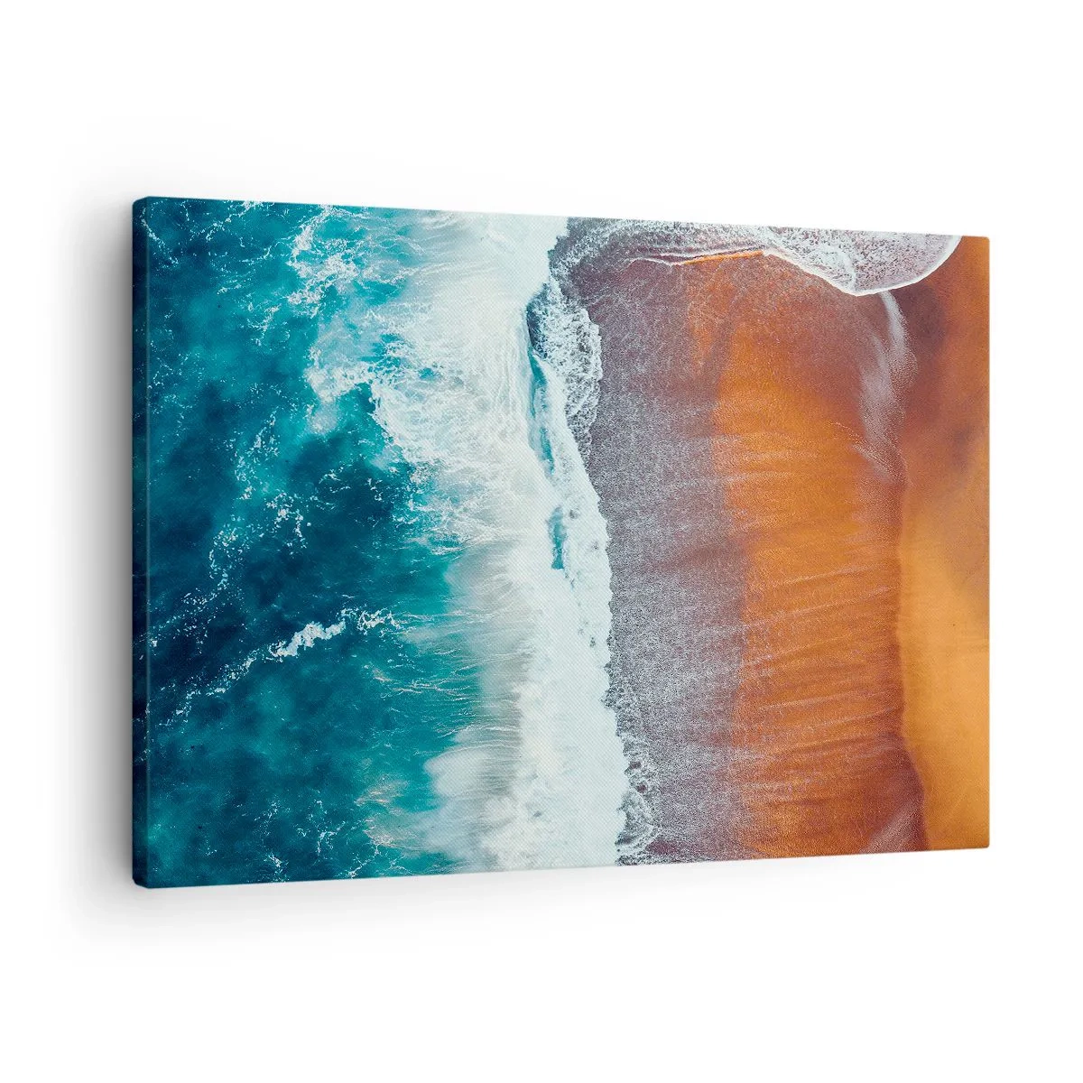 Bild auf Leinwand - Leinwandbild - Ein Blick auf die Meereswellen, die am goldenen Strand brechen - 70x50cm - Berührung des Ozeans - Moderne Wanddekoration für Wohnzimmer und Schlafzimmer ARTTOR