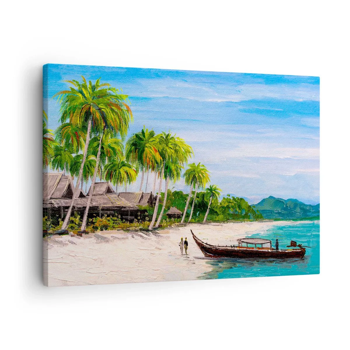 Bild auf Leinwand - Leinwandbild - Ein exotischer Strand mit Palmen und einem Boot am Ufer - 70x50cm - Exotischer Traum - Moderne Wanddekoration für Wohnzimmer und Schlafzimmer ARTTOR