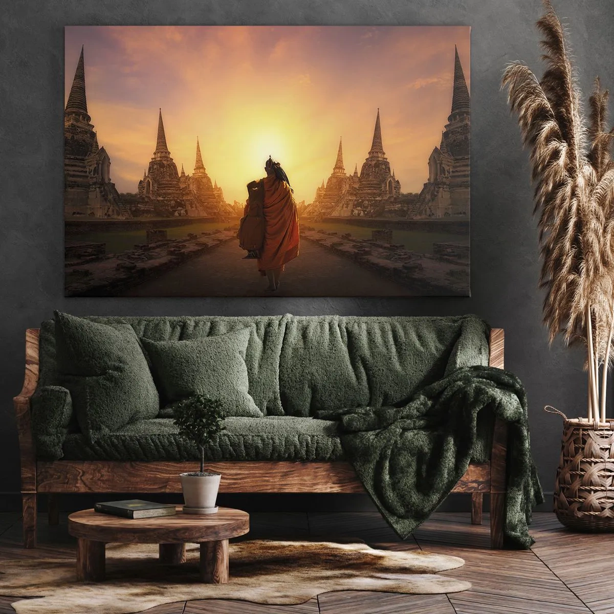 Bild auf Leinwand - Leinwandbild - Ein Mönch zwischen den Tempeln bei Sonnenuntergang - 70x50cm - In Frieden für die Ewigkeit - Moderne Wanddekoration für Wohnzimmer und Schlafzimmer ARTTOR