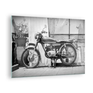 Glasbild - Bild auf glas - Ein Motorrad im Retro-Stil steht vor einer Holzwand - 70x50cm - Klassik über alles - Moderne Wanddekoration für Wohnzimmer und Schlafzimmer ARTTOR