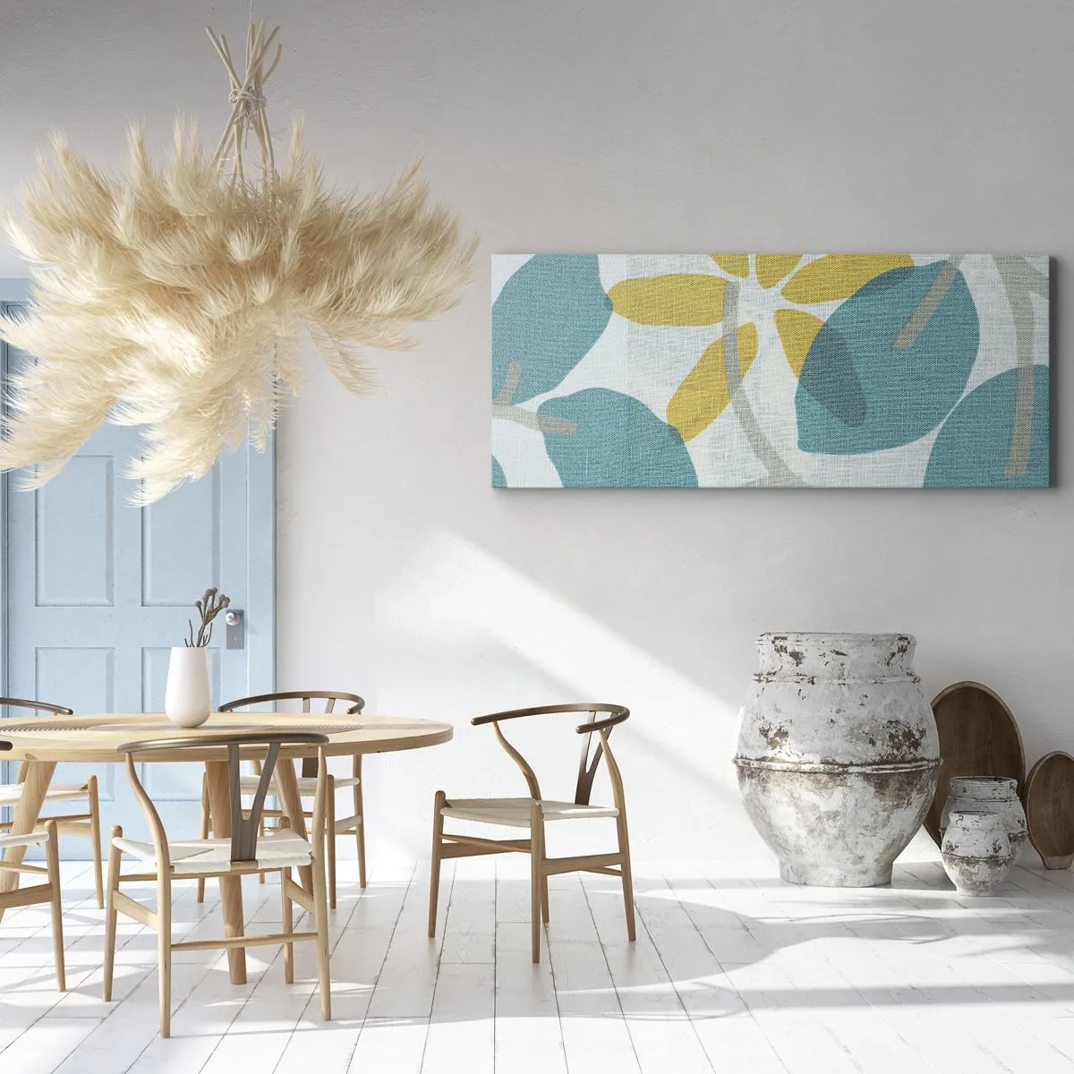 Bild auf Leinwand - Leinwandbild - Blätter in Türkis- und Gelbtönen auf hellem Hintergrund - 120x50cm - Unter den azurblauen Blättern - Moderne Wanddekoration für Wohnzimmer und Schlafzimmer ARTTOR