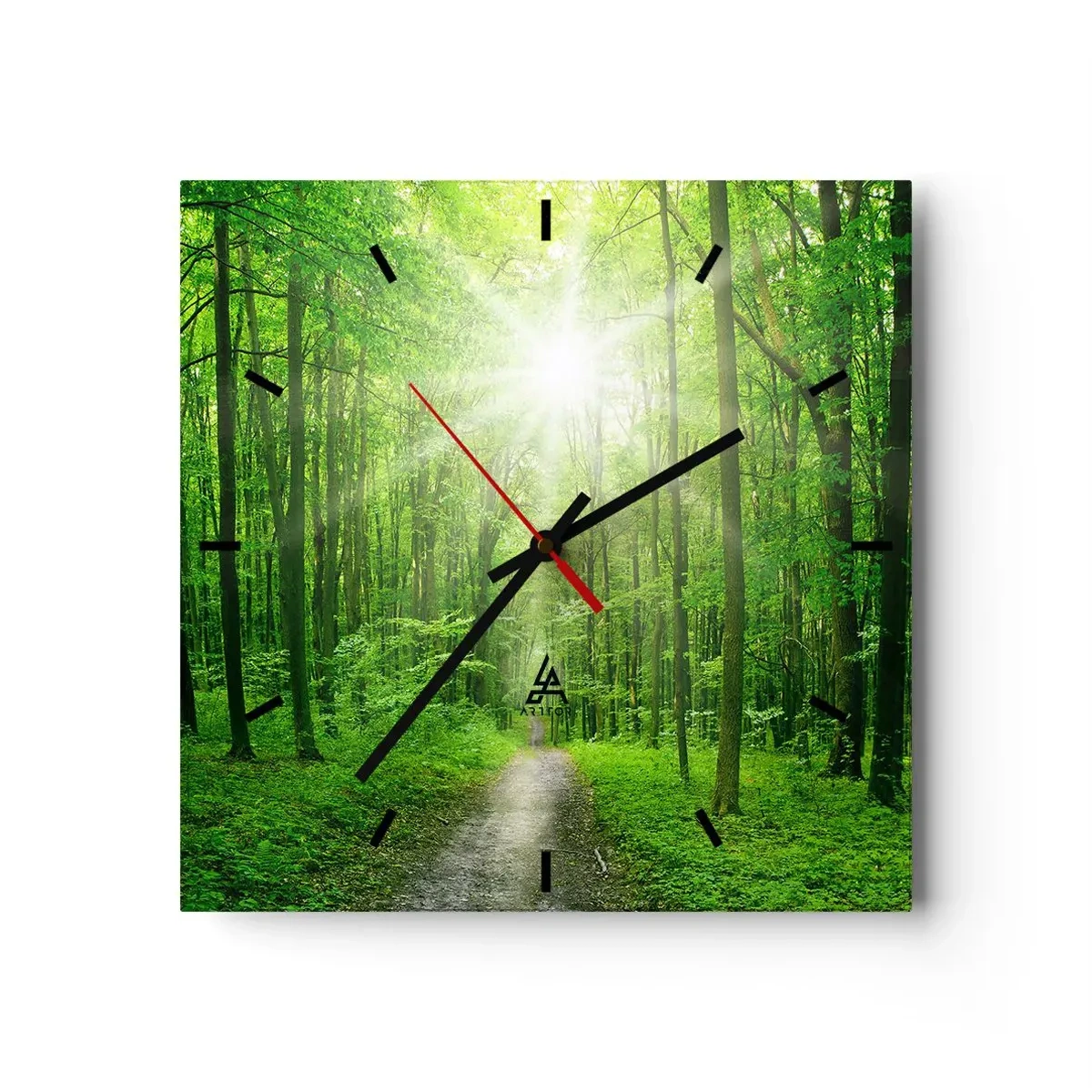 Wanduhr - Glasuhr - Pfad im Wald mit Sonnenstrahlen - 30x30cm - Die grüne Kathedrale - Moderne Wanddekoration für Wohnzimmer und Schlafzimmer ARTTOR
