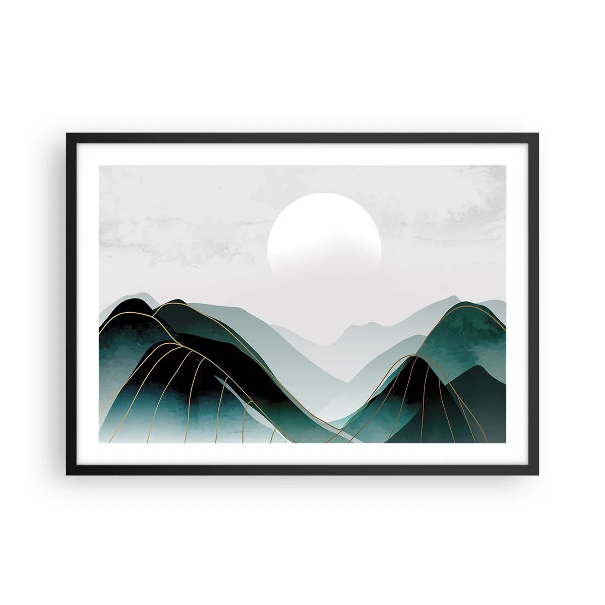 Poster in einem schwarzem Rahmen - Abstrakte Berglandschaft mit Mond und goldenen Linien - 70x50cm - In voller Majestät - Moderne Wanddekoration für Wohnzimmer und Schlafzimmer ARTTOR