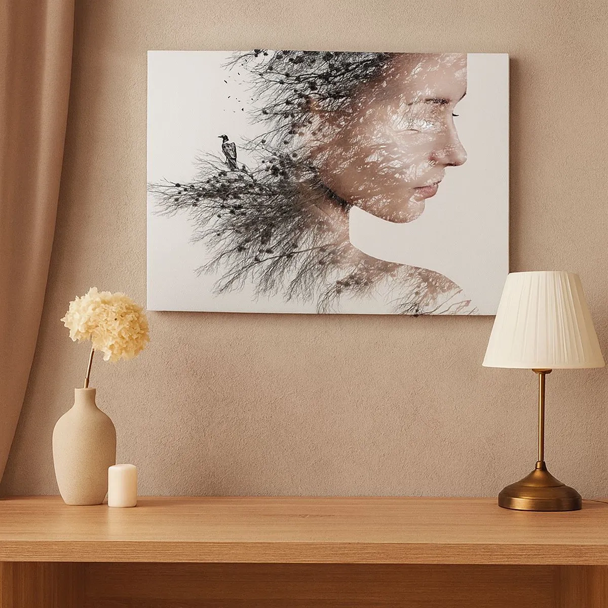 Bild auf Leinwand - Leinwandbild - Silhouette einer Frau mit einem Zweig und Vogelmotiv im Hintergrund - 70x50cm - Der Geist des Waldes - Moderne Wanddekoration für Wohnzimmer und Schlafzimmer ARTTOR