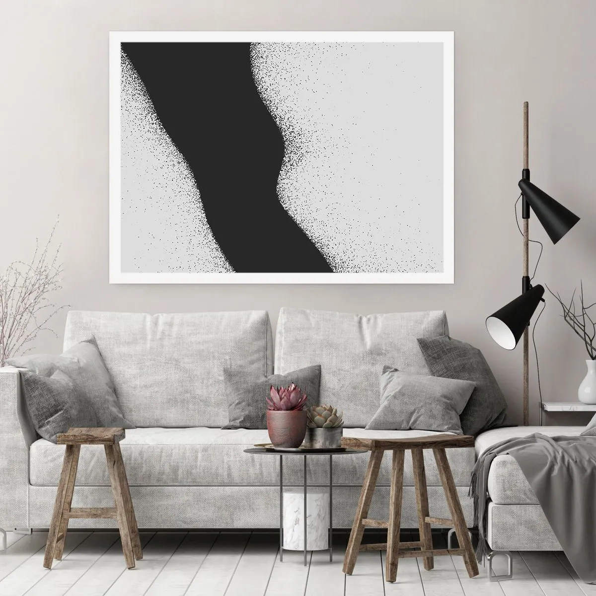 Poster - Abstraktes schwarz-weißes Muster mit zarten Punkten auf Leinwand - 100x70cm - Flüssiges Gleichgewicht - Moderne Wanddekoration für Wohnzimmer und Schlafzimmer ARTTOR