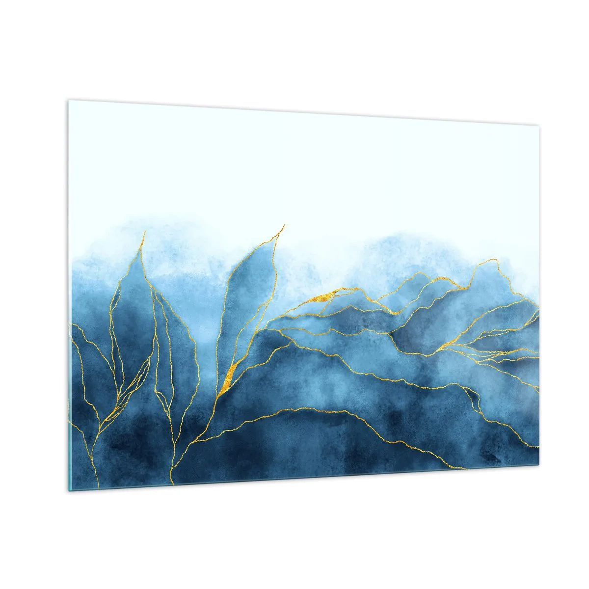 Glasbild - Bild auf glas - Abstrakte blaue Formen mit zarten goldenen Linien. - 100x70cm - Blau im Gold - Moderne Wanddekoration für Wohnzimmer und Schlafzimmer ARTTOR