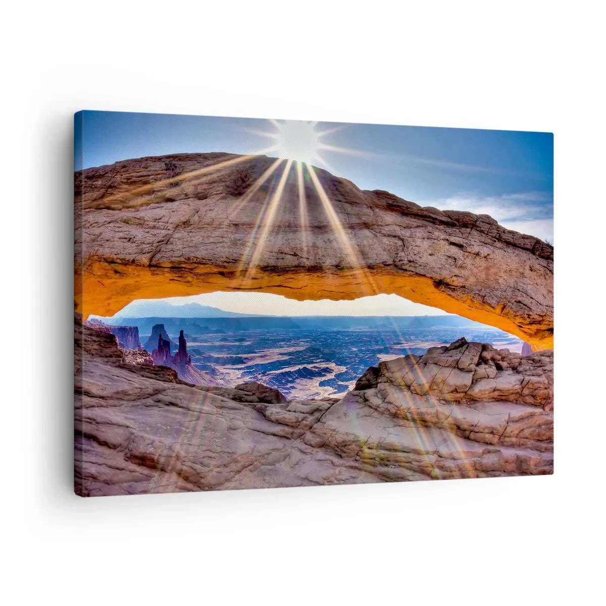 Bild auf Leinwand - Leinwandbild - Felsbogen mit Blick auf den Canyon bei Sonnenaufgang - 70x50cm - Durch das Felsentor - Moderne Wanddekoration für Wohnzimmer und Schlafzimmer ARTTOR