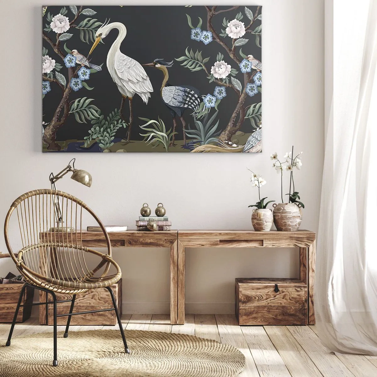 Bild auf Leinwand - Leinwandbild - Gemalte Vögel und Pflanzen auf dunklem Hintergrund mit elegantem Muster - 100x70cm - Vogelparade - Moderne Wanddekoration für Wohnzimmer und Schlafzimmer ARTTOR