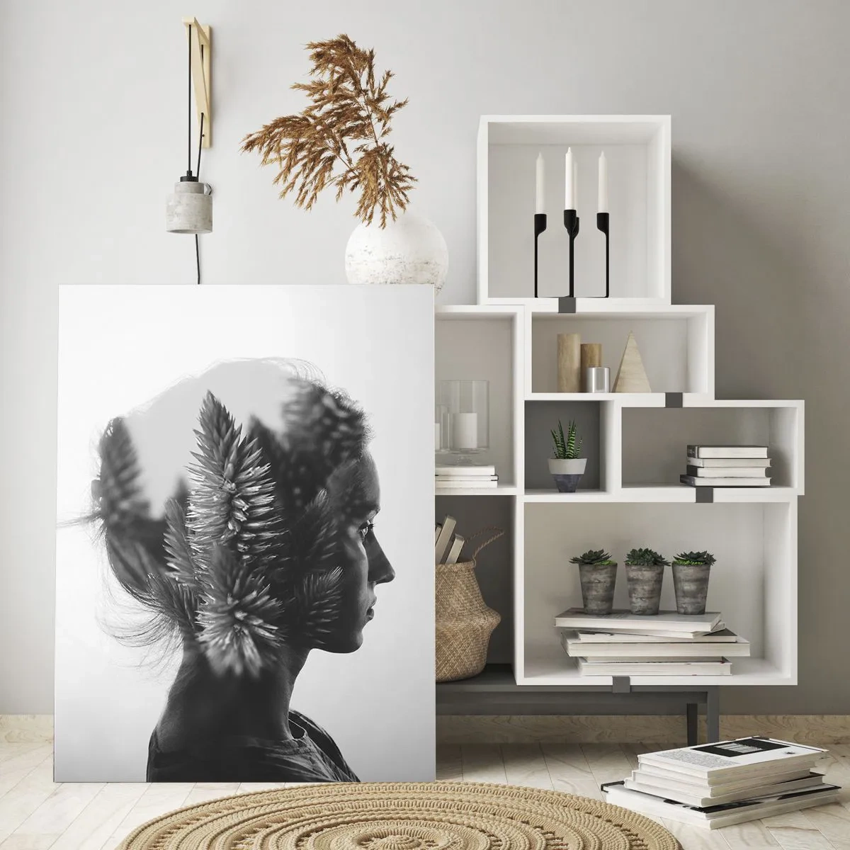 Glasbild - Bild auf glas - Ein subtiles Porträt mit Elementen der Natur - 70x100cm - Dame des Kiefernwaldes - Moderne Wanddekoration für Wohnzimmer und Schlafzimmer ARTTOR