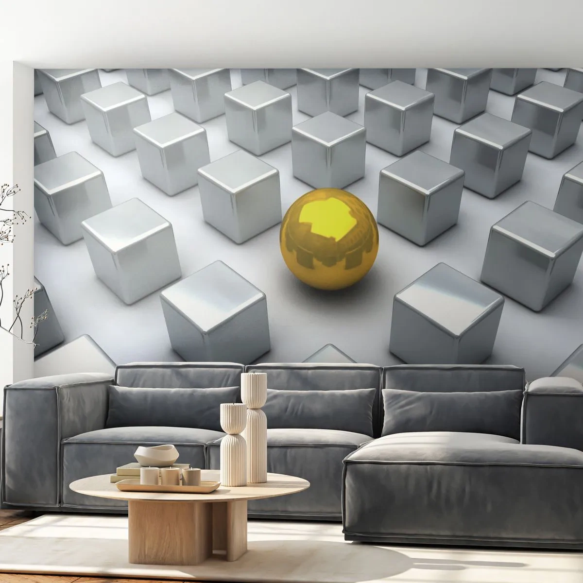 Fototapete Premium Sand - Eine goldene Kugel zwischen silbernen Würfeln - 100x70cm - Warum ich? Geometrische Zusammensetzung - Moderne Wanddekoration für Wohnzimmer und Schlafzimmer ARTTOR