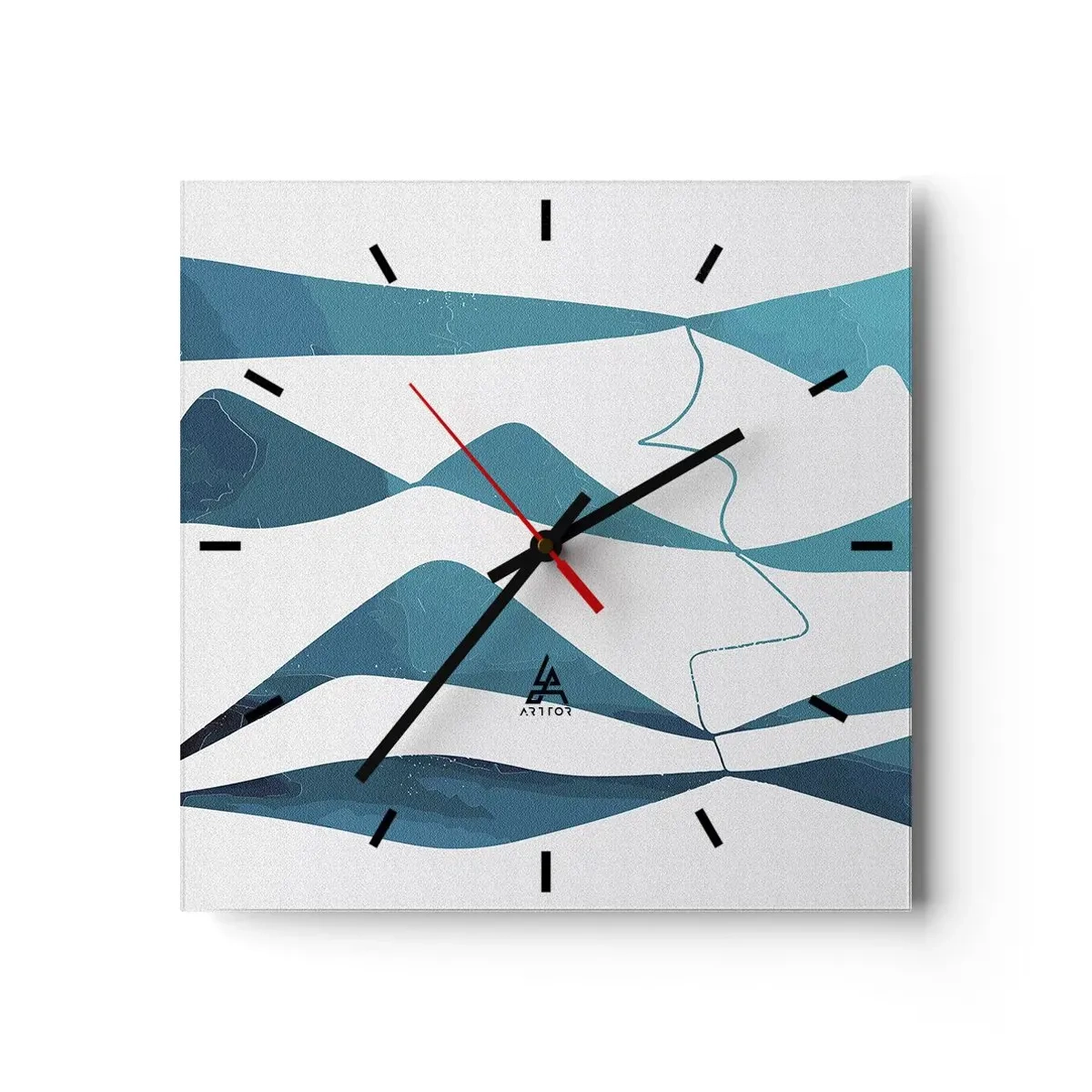 Wanduhr - Glasuhr - Abstrakte Formen in Blautönen auf weißem Hintergrund - 30x30cm - Abstraktion: türkisfarbene Verbindung - Moderne Wanddekoration für Wohnzimmer und Schlafzimmer ARTTOR
