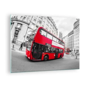 Glasbild - Bild auf glas - Ein roter Bus in Bewegung vor der Kulisse der Londoner Straßen - 70x50cm - London traditionell - mit dem Bus - Moderne Wanddekoration für Wohnzimmer und Schlafzimmer ARTTOR