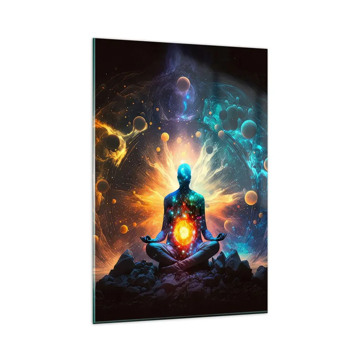 Glasbild - Bild auf glas - Eine meditierende Figur, umgeben von einer kosmischen Aura - 80x120cm - Kosmischer Frieden - Moderne Wanddekoration für Wohnzimmer und Schlafzimmer ARTTOR