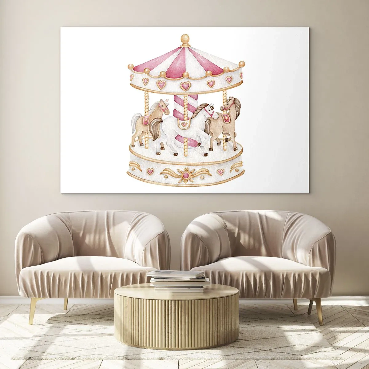 Glasbild - Bild auf glas - Ein rosa Karussell mit Pferden im Kinderstil auf weißem Hintergrund - 70x50cm - Süße Welt der Kindheit - Moderne Wanddekoration für Wohnzimmer und Schlafzimmer ARTTOR