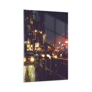 Glasbild - Bild auf glas - Nachtszene in der Stadt mit bunten Lichtern und Straßenreflexionen - 80x120cm - Eingetaucht in die Lichter der Nacht - Moderne Wanddekoration für Wohnzimmer und Schlafzimmer ARTTOR