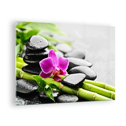 Glasbild - Bild auf glas - Orchidee, schwarze Steine und Bambus in einem ruhigen Arrangement - 70x50cm - In ruhiger Balance - Moderne Wanddekoration für Wohnzimmer und Schlafzimmer ARTTOR