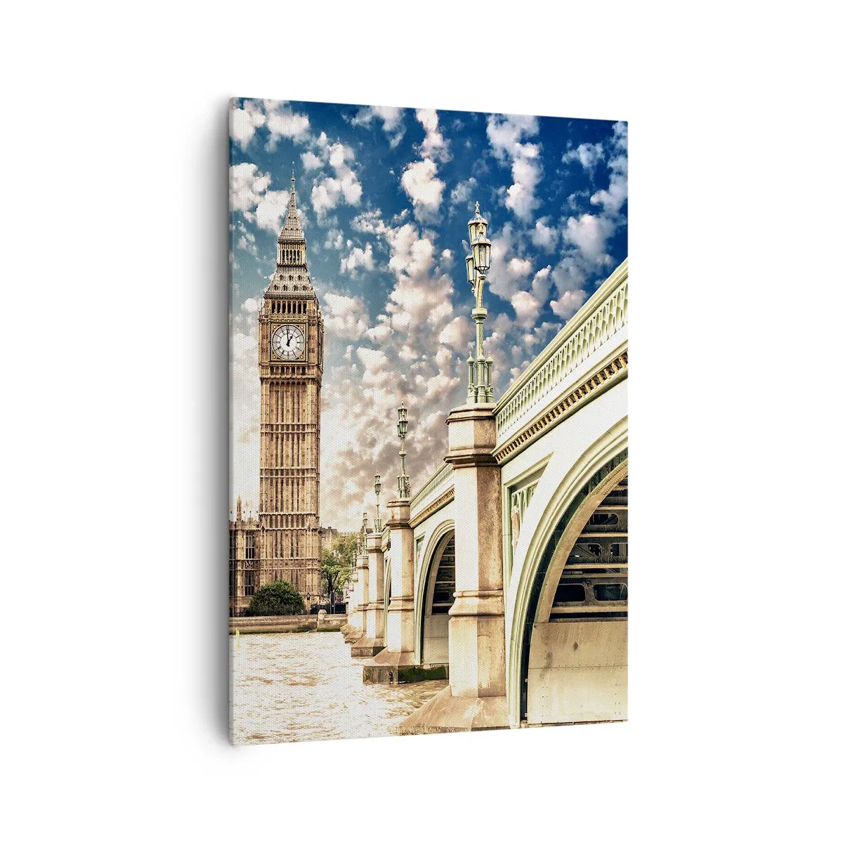 Bild auf Leinwand - Leinwandbild - Big Ben und Westminster Bridge im Sonnenlicht in London - 70x100cm - Federwolken über der Themse - Moderne Wanddekoration für Wohnzimmer und Schlafzimmer ARTTOR