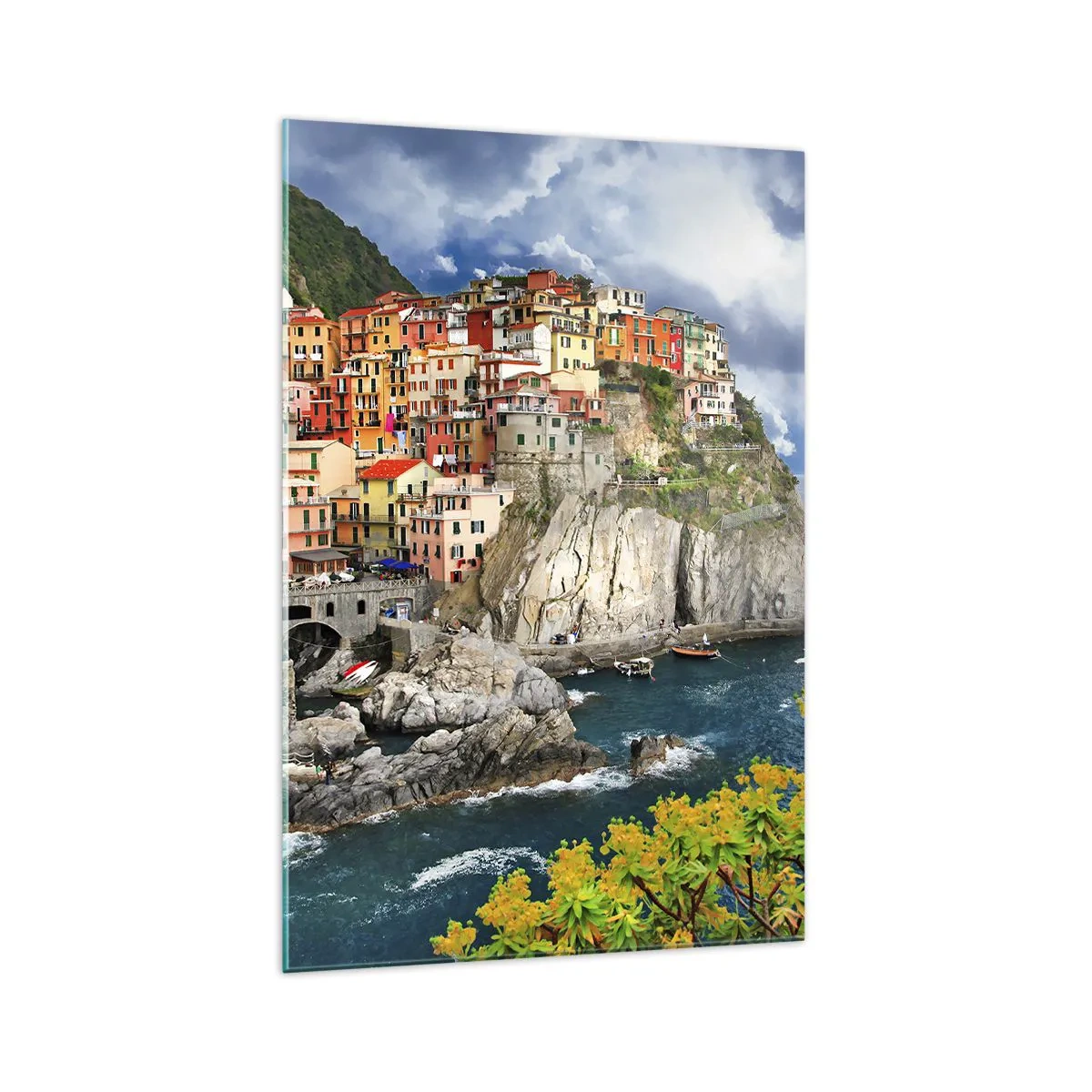 Glasbild - Bild auf glas - Bunte Häuser auf einer Klippe mit Blick auf das Meer in Cinque Terre - 70x100cm - Eine Gruppe umarmt die Felsen - Moderne Wanddekoration für Wohnzimmer und Schlafzimmer ARTTOR