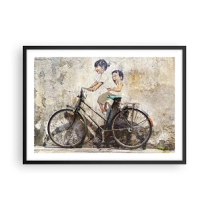 Poster in einem schwarzem Rahmen - Streetart mit Fahrrad und Kinderzeichnungen an der Wand - 70x50cm - Richtig oder falsch? - Moderne Wanddekoration für Wohnzimmer und Schlafzimmer ARTTOR