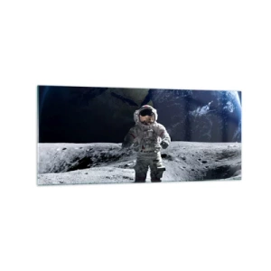 Glasbild - Bild auf glas - Astronaut auf der Mondoberfläche mit der Erde im Hintergrund - 120x50cm - Grüße vom Mond - Moderne Wanddekoration für Wohnzimmer und Schlafzimmer ARTTOR