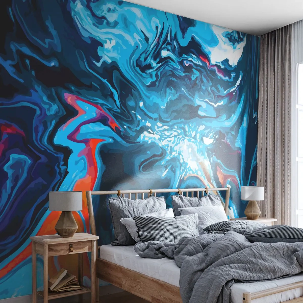 Fototapete Premium Sand - Abstrakte Komposition in Blau- und Orangetönen - 100x70cm - Reise ins Zentrum des Himmels - Moderne Wanddekoration für Wohnzimmer und Schlafzimmer ARTTOR