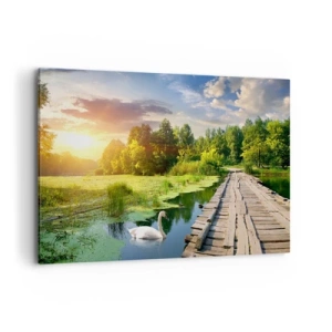 Bild auf Leinwand - Leinwandbild - Eine malerische Landschaft mit einer Brücke und einem Schwan - 100x70cm - Sommer, Sommer überall - Moderne Wanddekoration für Wohnzimmer und Schlafzimmer ARTTOR