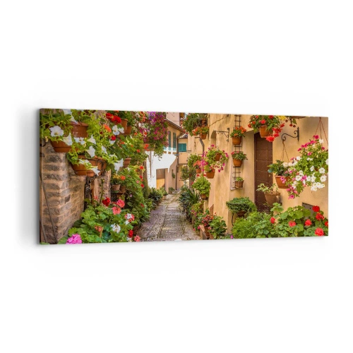 Bild auf Leinwand - Leinwandbild - Eine bezaubernde Straße voller Blumen und Blumentöpfe - 120x50cm - Italienische Gasse - Moderne Wanddekoration für Wohnzimmer und Schlafzimmer ARTTOR
