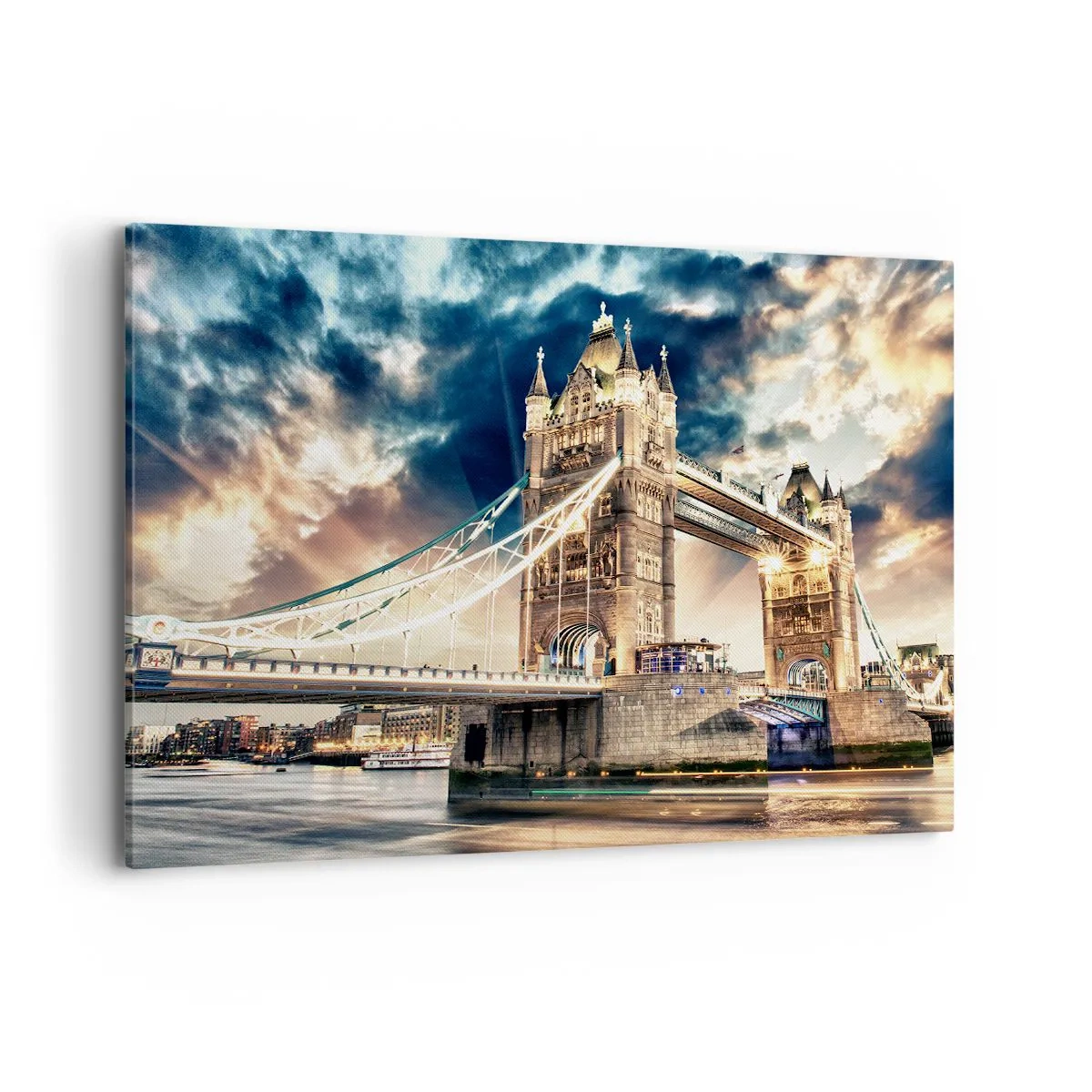 Bild auf Leinwand - Leinwandbild - Tower Bridge in der Abenddämmerung vor einem dynamischen Himmel - 100x70cm - Denkmal des viktorianischen Imperiums - Moderne Wanddekoration für Wohnzimmer und Schlafzimmer ARTTOR