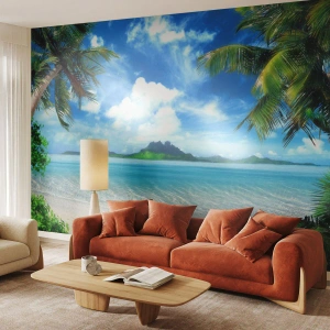 Fototapete Premium Sand - Tropischer Strand mit Palmen und türkisfarbenem Meer - 100x70cm - Das Azurblau der Tropen - Moderne Wanddekoration für Wohnzimmer und Schlafzimmer ARTTOR