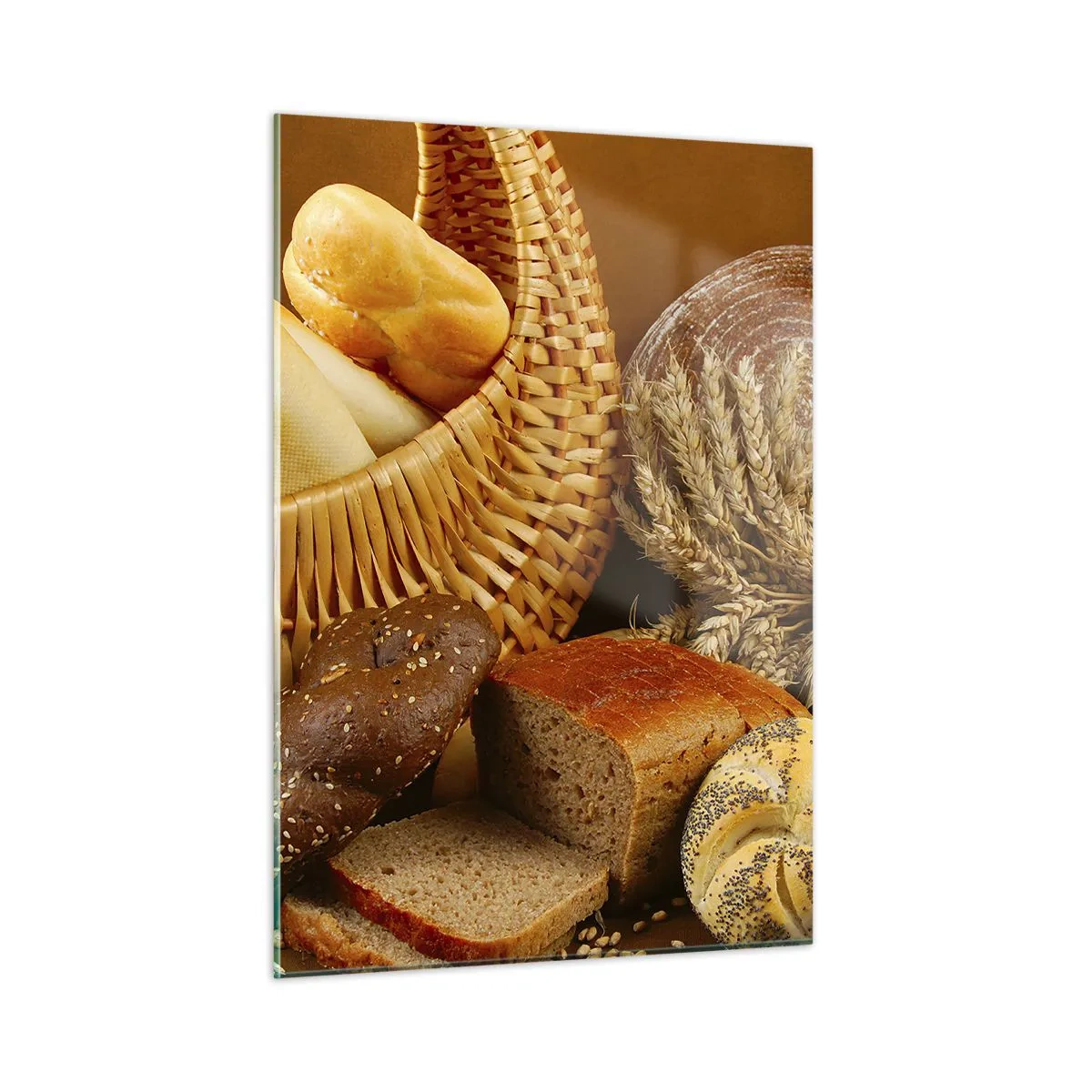 Glasbild - Bild auf glas - Ein Korb mit Brot und Laiben vor dem Hintergrund von Ähren - 50x70cm - Wir sind wieder davongekommen - Moderne Wanddekoration für Wohnzimmer und Schlafzimmer ARTTOR