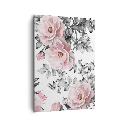 Bild auf Leinwand - Leinwandbild - Rosa Rosen und Blätter auf einem zarten schwarz-weißen Hintergrund - 50x70cm - Verliere dich in den Blüten der Rosen - Moderne Wanddekoration für Wohnzimmer und Schlafzimmer ARTTOR