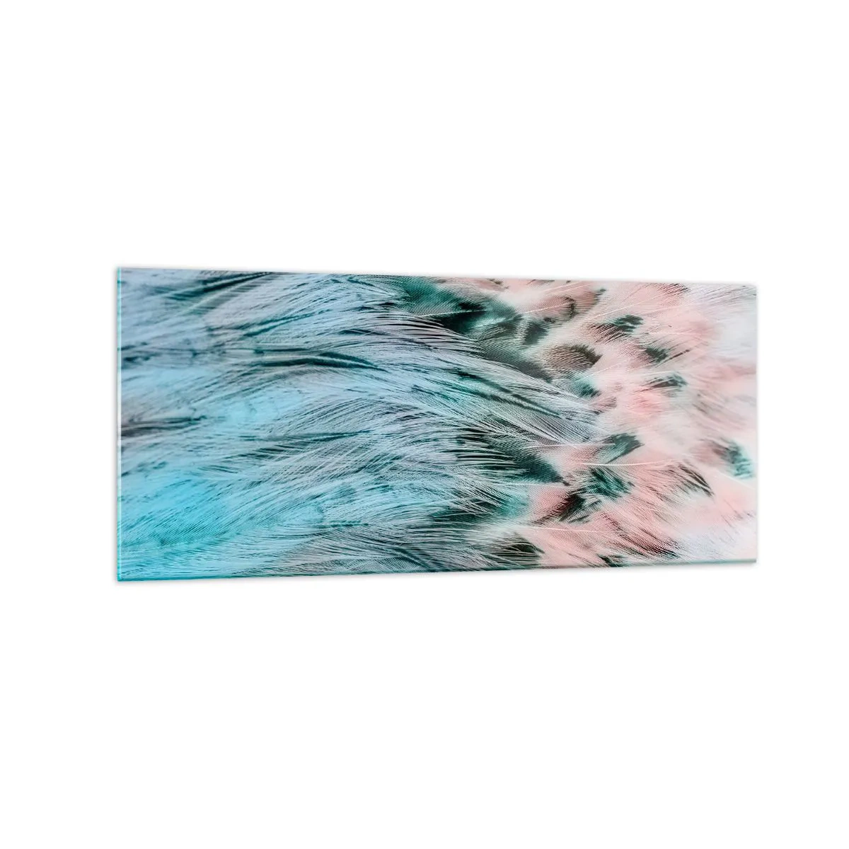 Glasbild - Bild auf glas - Nahaufnahme von Federn in pastellfarbenen Saphir-Rosa-Farben - 120x50cm - Saphirrosa Daunen - Moderne Wanddekoration für Wohnzimmer und Schlafzimmer ARTTOR