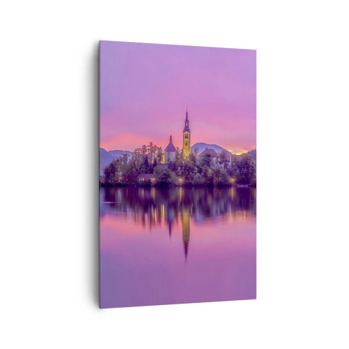 Bild auf Leinwand - Leinwandbild - See mit einer Insel und einer Kirche bei Sonnenuntergang - 80x120cm - Eine märchenhafte Insel in der Abenddämmerung - Moderne Wanddekoration für Wohnzimmer und Schlafzimmer ARTTOR