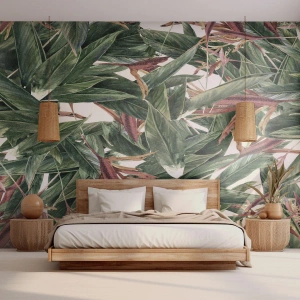 Fototapete Premium Sand - Botanisches Blattmuster in natürlichen Farben - 100x70cm - Smaragd-lila Dickicht - Moderne Wanddekoration für Wohnzimmer und Schlafzimmer ARTTOR