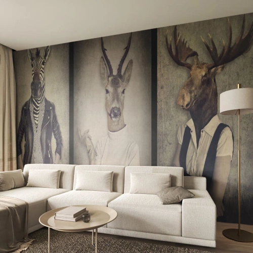Fototapete Premium Sand - Stylische Figuren mit Tierköpfen im Retro-Stil - 100x70cm - Lass die Gesten sprechen - Moderne Wanddekoration für Wohnzimmer und Schlafzimmer ARTTOR