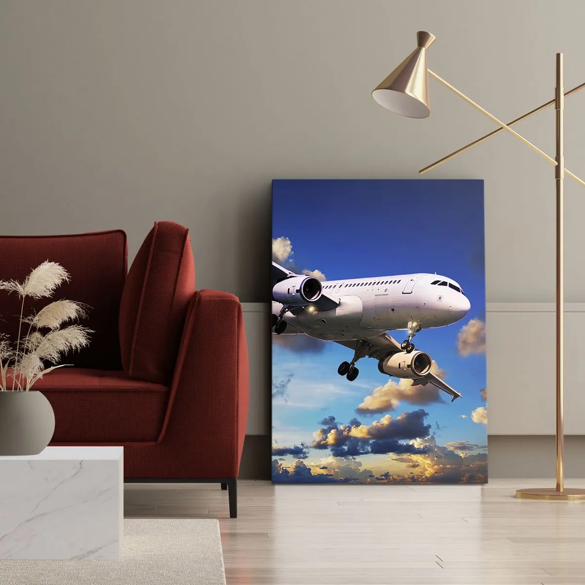 Bild auf Leinwand - Leinwandbild - Ein Passagierflugzeug vor den Wolken bei Sonnenuntergang - 50x70cm - Eine Reise in Weiß und Blau - Moderne Wanddekoration für Wohnzimmer und Schlafzimmer ARTTOR
