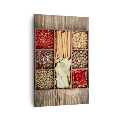 Bild auf Leinwand - Leinwandbild - Holzkiste mit verschiedenen Gewürzen in Fächern - 80x120cm - Ordnung der Formen, Bouquet von Aromen - Moderne Wanddekoration für Wohnzimmer und Schlafzimmer ARTTOR