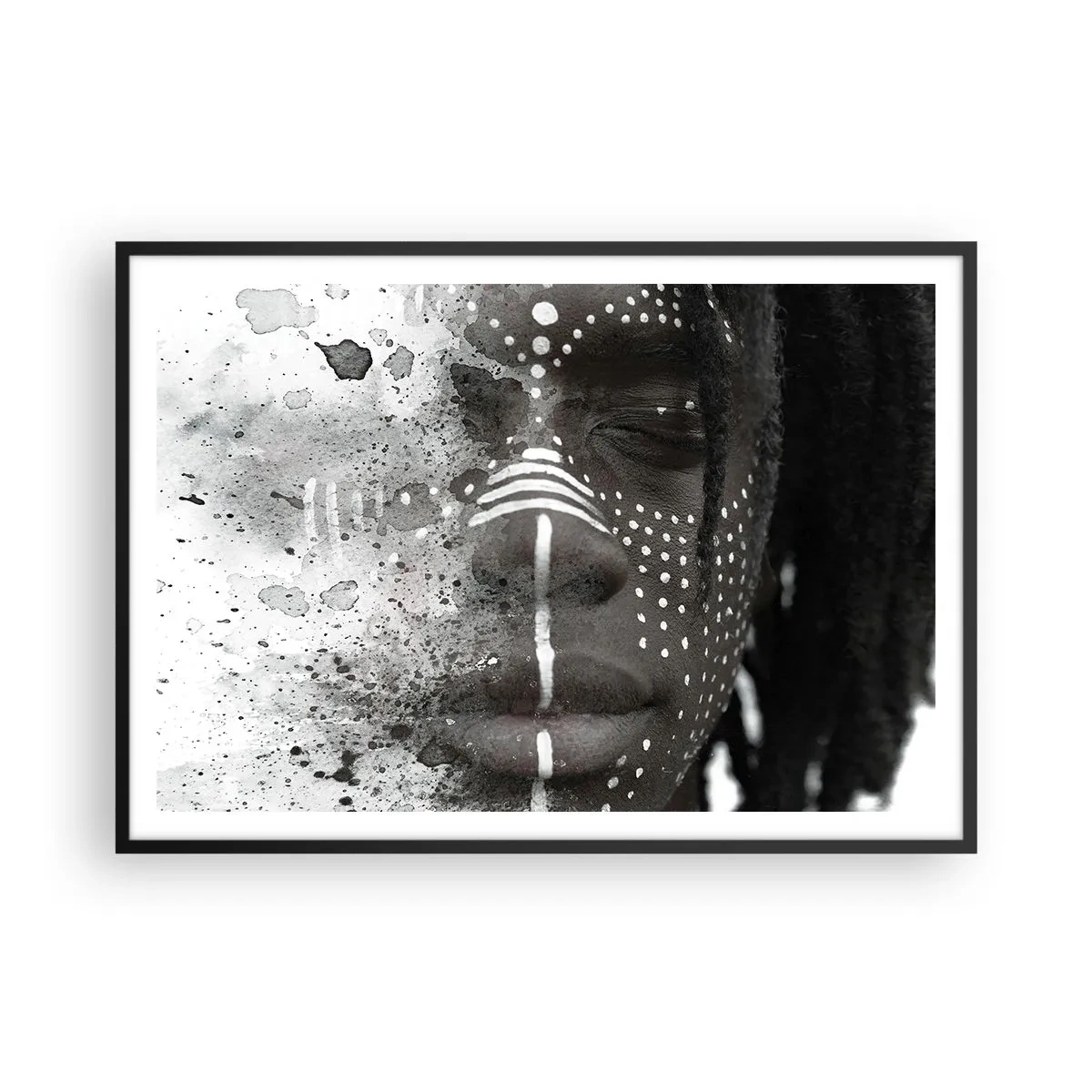 Poster in einem schwarzem Rahmen - Künstlerisches Gesichtsporträt mit abstrakten weißen Mustern - 100x70cm - Entdecke den Urgeist - Moderne Wanddekoration für Wohnzimmer und Schlafzimmer ARTTOR
