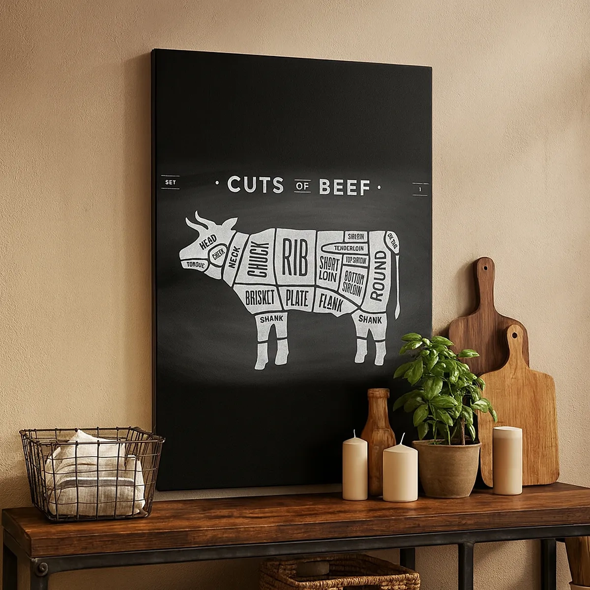 Bild auf Leinwand - Leinwandbild - Diagramm der Rindfleischstücke auf schwarzem Hintergrund - 50x70cm - Metzger Grundierung - Moderne Wanddekoration für Wohnzimmer und Schlafzimmer ARTTOR