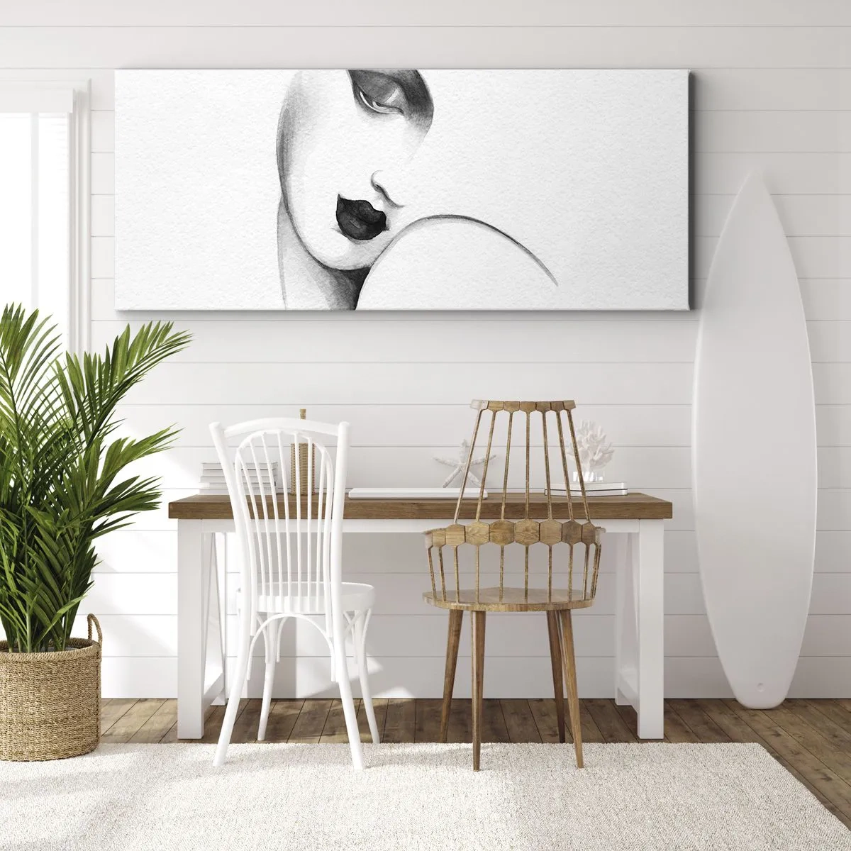 Bild auf Leinwand - Leinwandbild - Ein subtiles Frauenporträt im monochromen Stil - 140x50cm - Im Stil von Łempicka - Moderne Wanddekoration für Wohnzimmer und Schlafzimmer ARTTOR