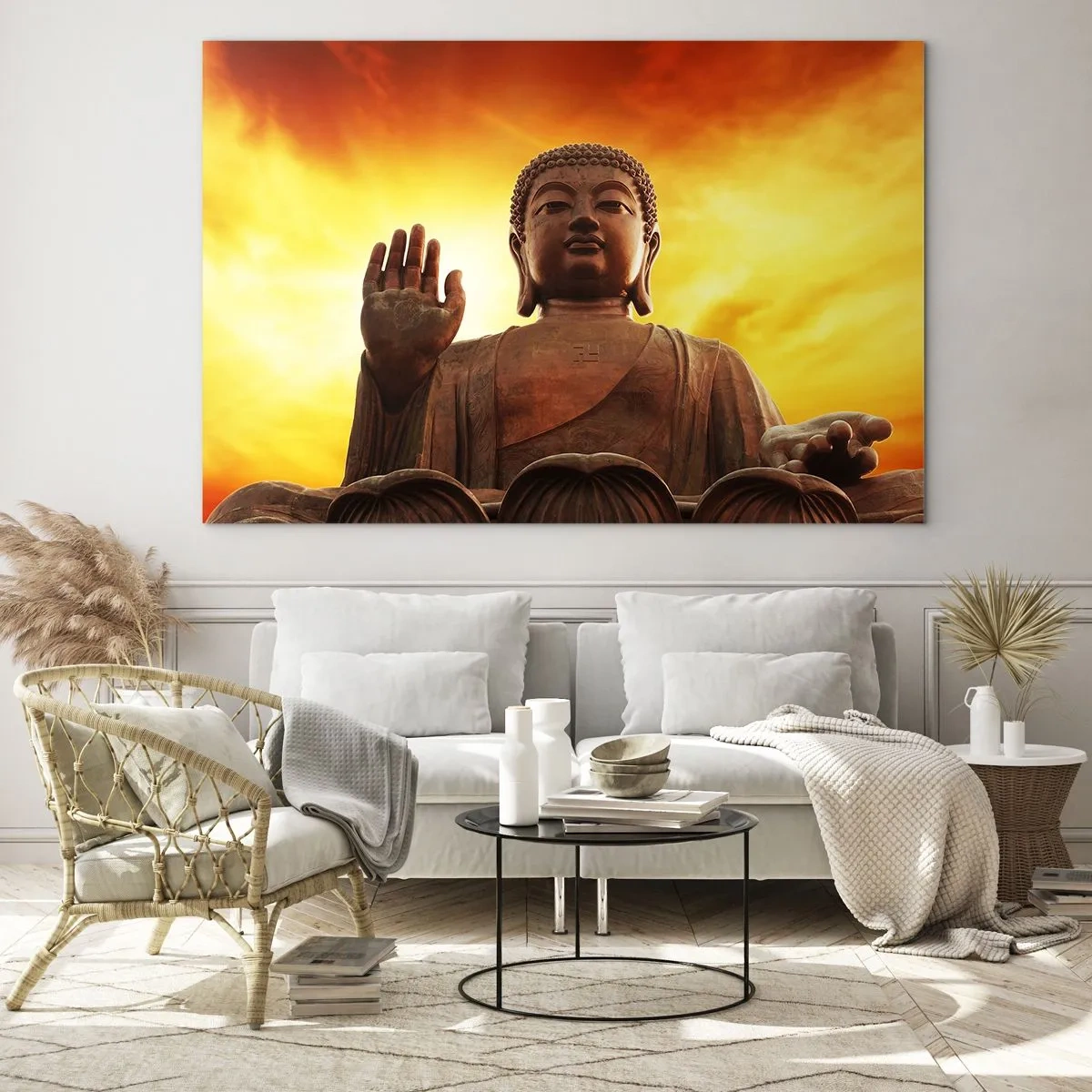 Glasbild - Bild auf glas - Eine Buddha-Statue vor dem Hintergrund eines goldenen Sonnenuntergangs - 70x50cm - Frieden der Welt - Moderne Wanddekoration für Wohnzimmer und Schlafzimmer ARTTOR