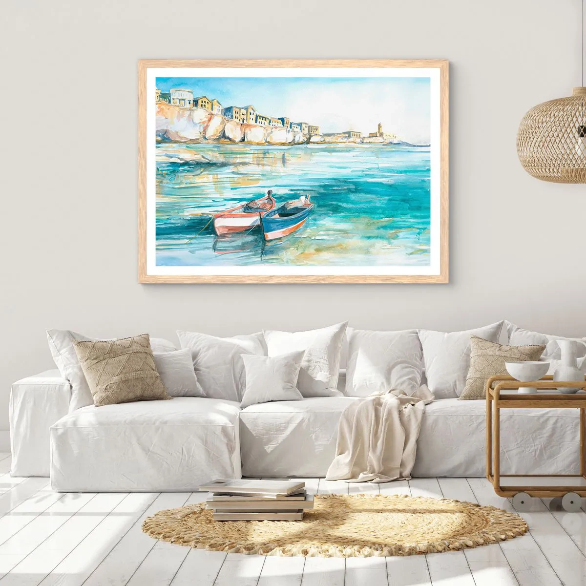 Poster in einem Rahmen aus heller Eiche - Landschaft in Azurblau - 100x70 cm