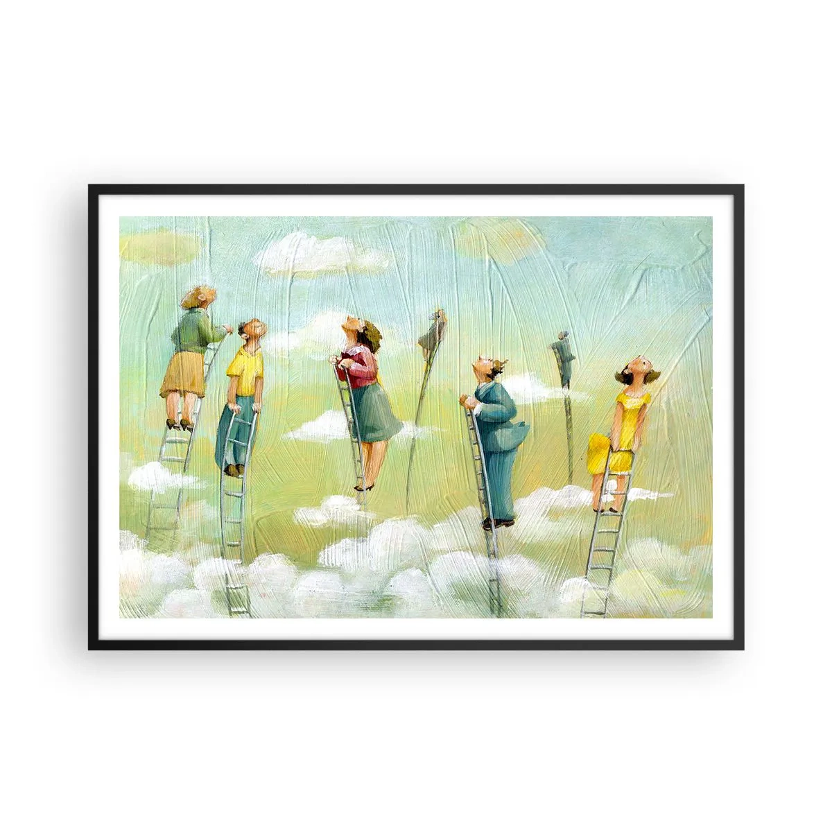Poster in einem schwarzem Rahmen - Figuren, die auf pastellfarbenem Hintergrund zwischen Wolken Leitern hochklettern. - 100x70cm - Hinter deinem Traum - Moderne Wanddekoration für Wohnzimmer und Schlafzimmer ARTTOR