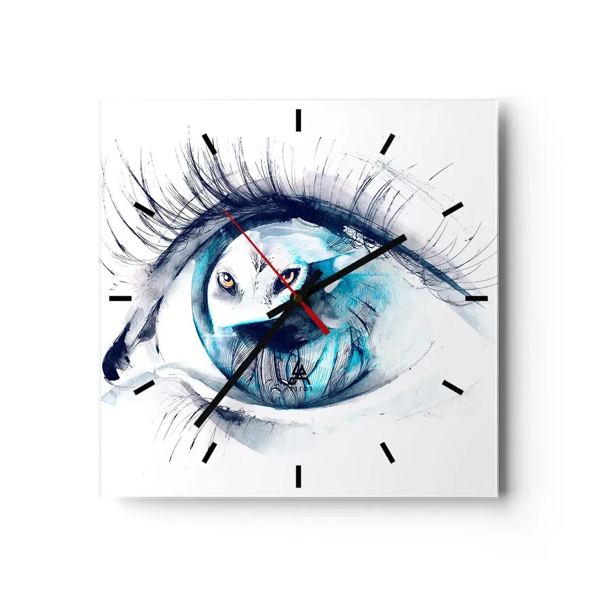Wanduhr - Glasuhr - Ein Auge mit dem Bild einer Eule in Aquarell-Blautönen - 30x30cm - Auge in Auge mit Wildheit - Moderne Wanddekoration für Wohnzimmer und Schlafzimmer ARTTOR